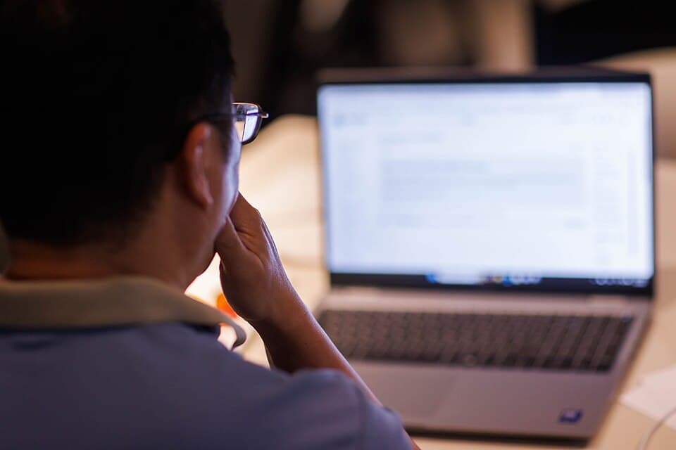 Person reviewing documents on a laptop for an Employment Pass application
